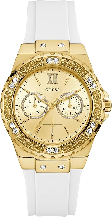 Guess multifunction watch with gold dial, crystal bezel, white rubber strap, and dual subdials