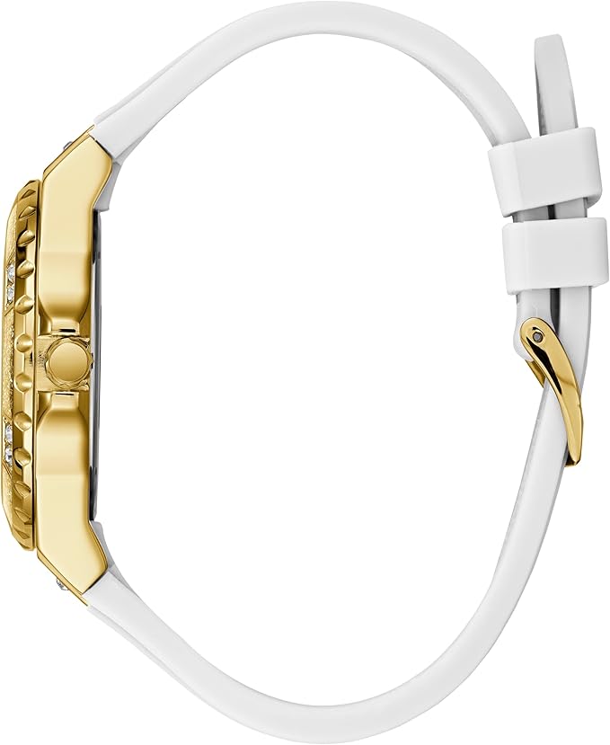 Side view of Guess GW0519L2 watch showing gold case and white rubber strap