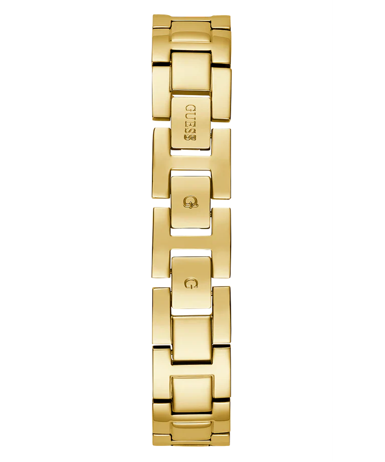 Close-up of GUESS logo and gold bar links on pearl bracelet