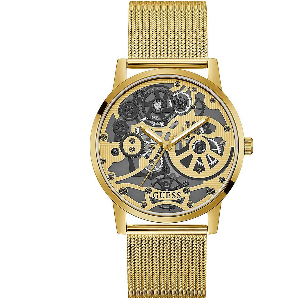 Guess gold tone men's watch with skeleton dial and mesh strap, model GW0538G2