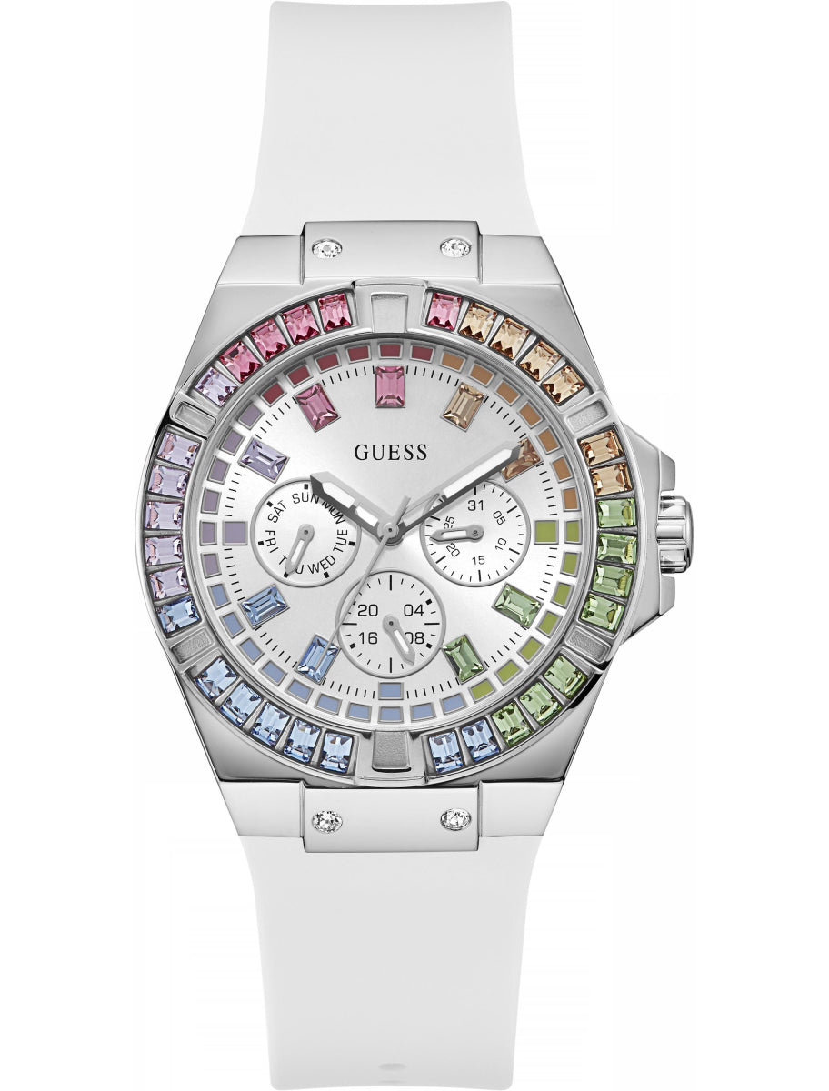 Guess GW0541L1 women's watch with silver case, multicolor crystal bezel, white dial, and white strap