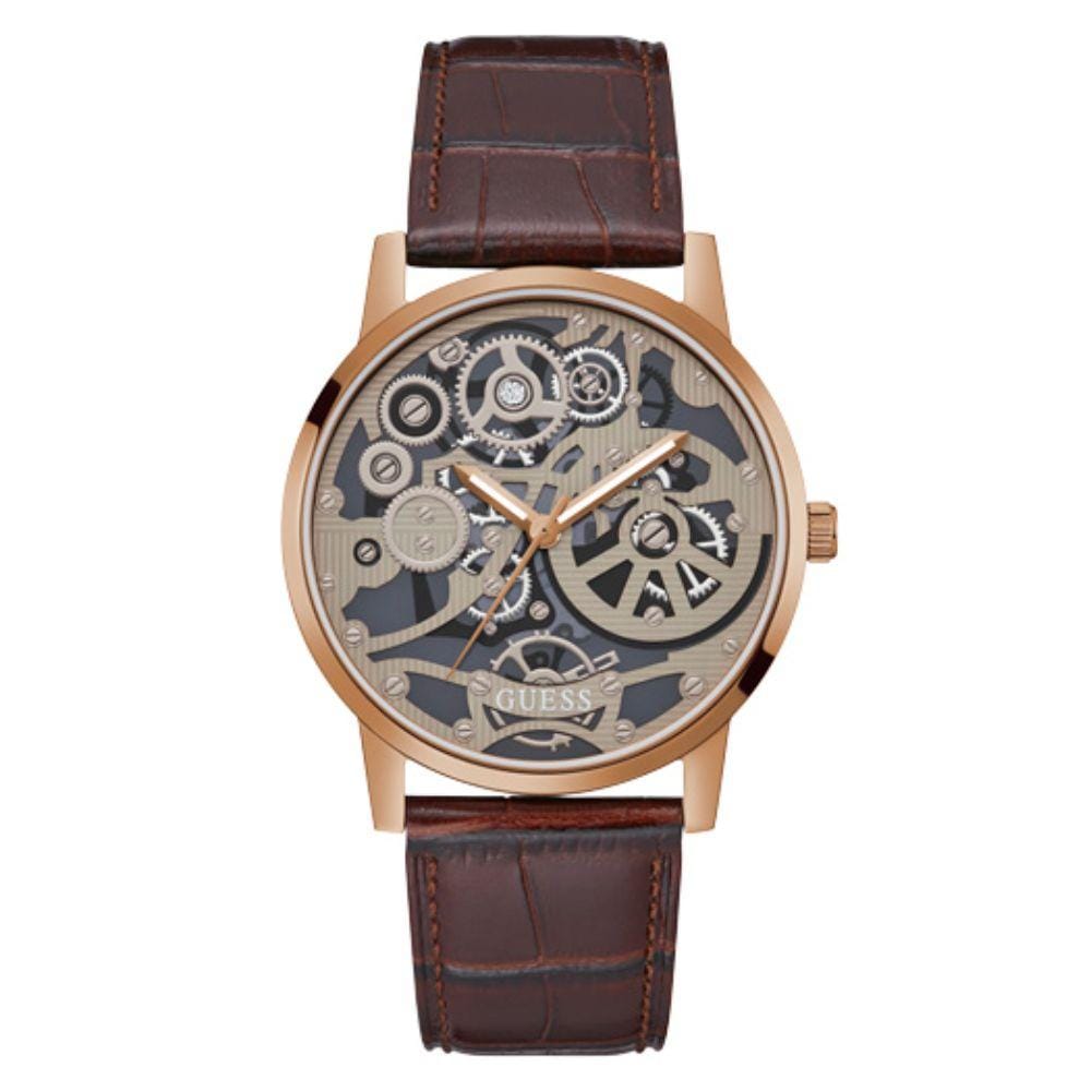 Guess GW0570G2 watch with rose gold coffee case and skeleton dial on brown leather strap