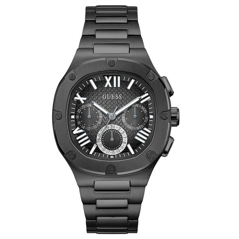 GUESS GW0572G3 black men's multi-function chronograph watch with Roman numeral dial and stainless steel band