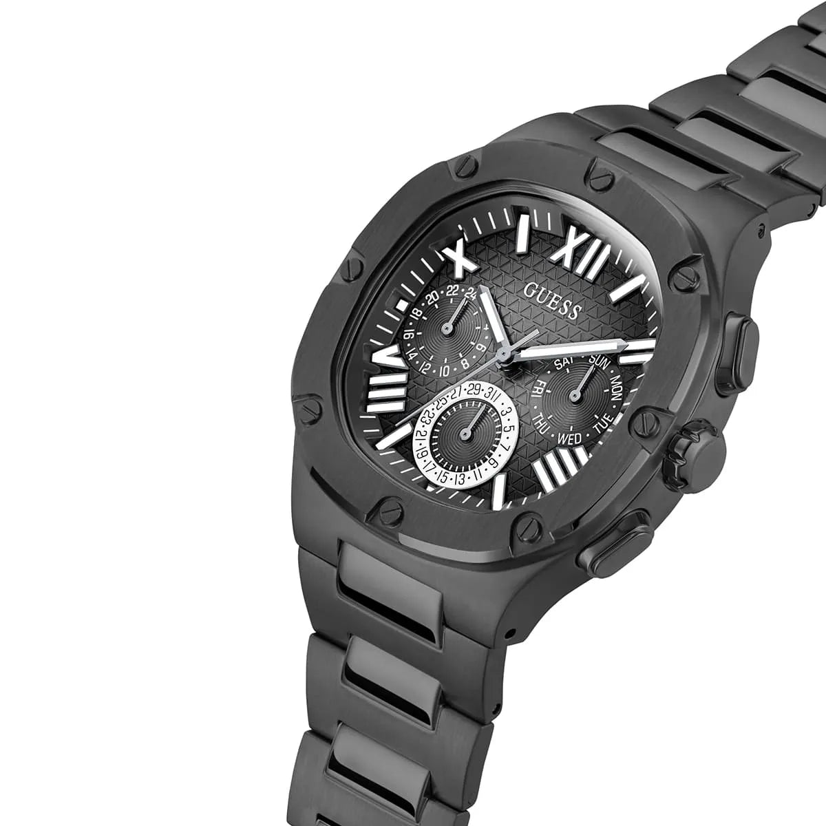 GUESS GW0572G3 black watch side profile view displaying case and stainless steel band