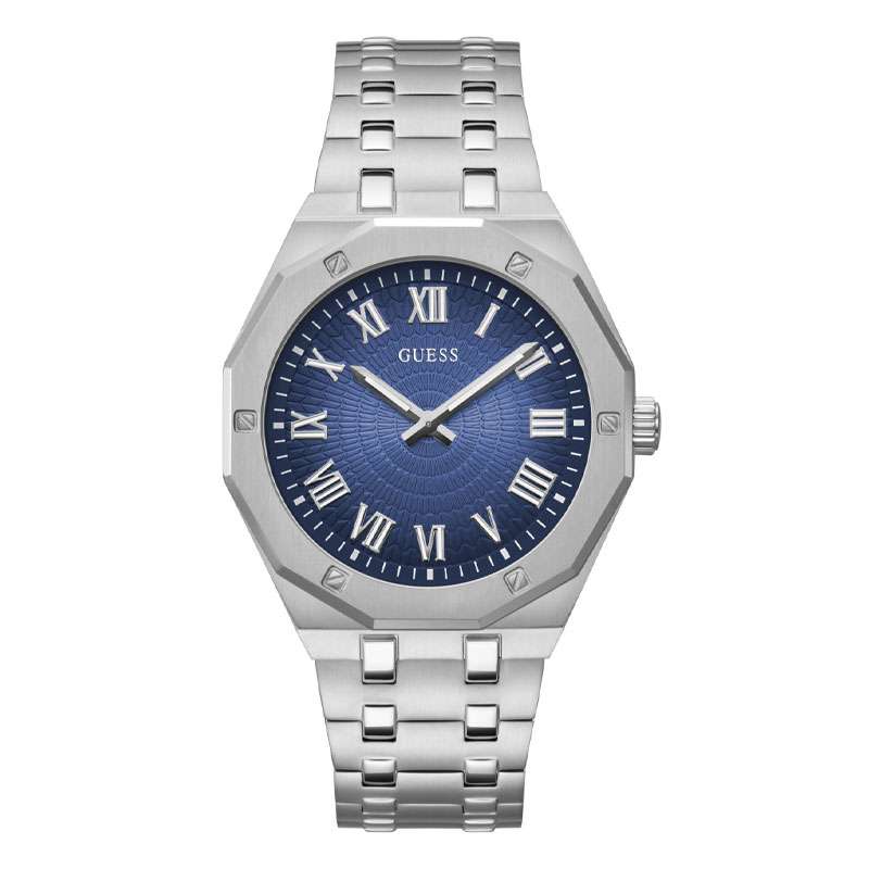 Guess Quartz Blue Dial Silver Stainless Steel Bracelet Analog Men's Watch- GW0575G4
