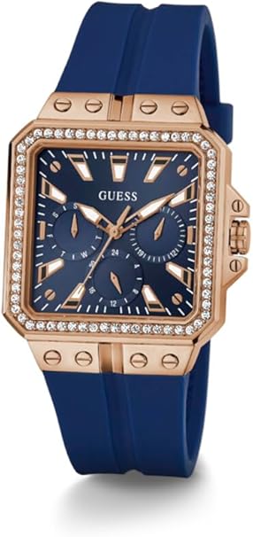 GUESS GW0618L2 women's watch front view with navy dial and rose gold crystal bezel