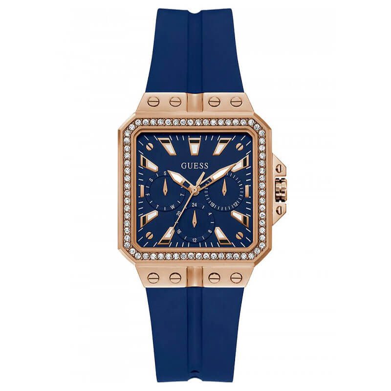 GUESS 34mm women's watch with rose gold crystal-set case, navy dial, and blue strap