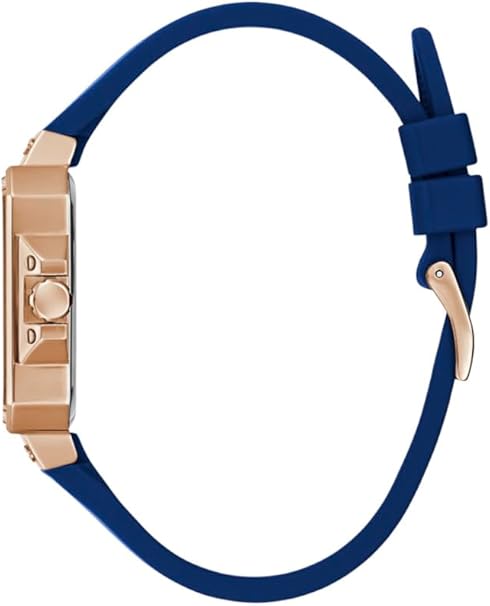 GUESS GW0618L2 women's watch on wrist showing rose gold case and blue silicone band
