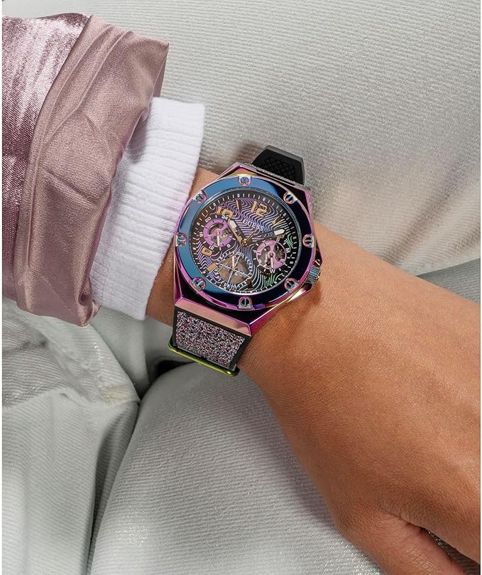 Guess Multifunction Analog Purple Dial Black Rubber Strap Women Watch - GW0620L4