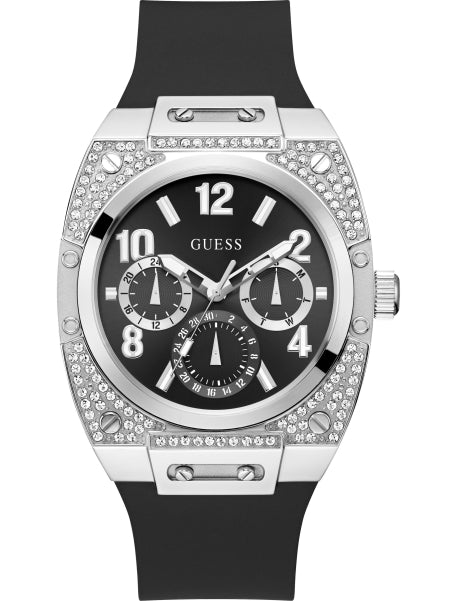 Guess GW0623G1 chronograph watch with black dial, silver case, diamond bezel, and black rubber strap