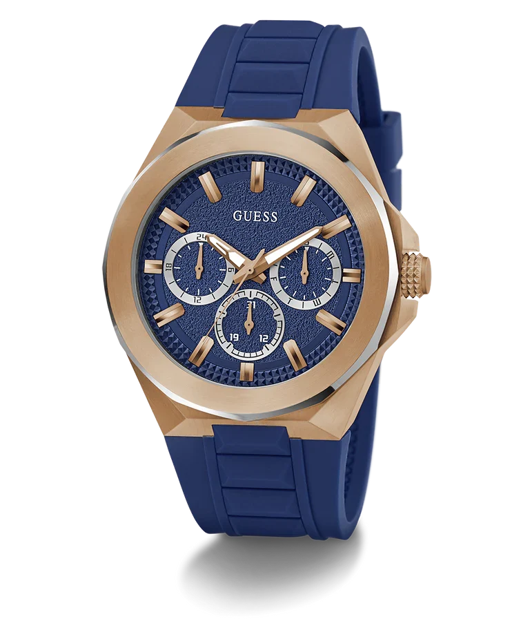 GUESS GW0799G2 watch angled view showing blue dial and rose gold chronograph subdials