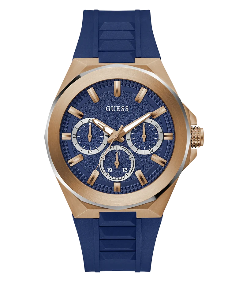 GUESS GW0799G2 round blue dial quartz watch with rose gold case and blue silicone strap