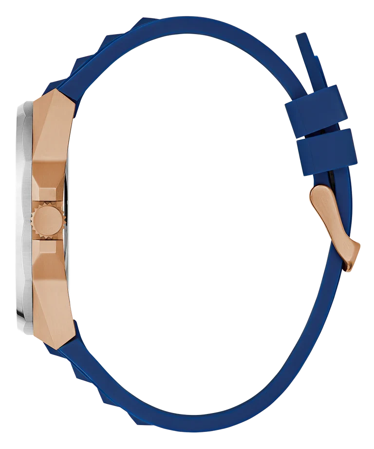 GUESS GW0799G2 watch side profile showing rose gold case and blue silicone strap