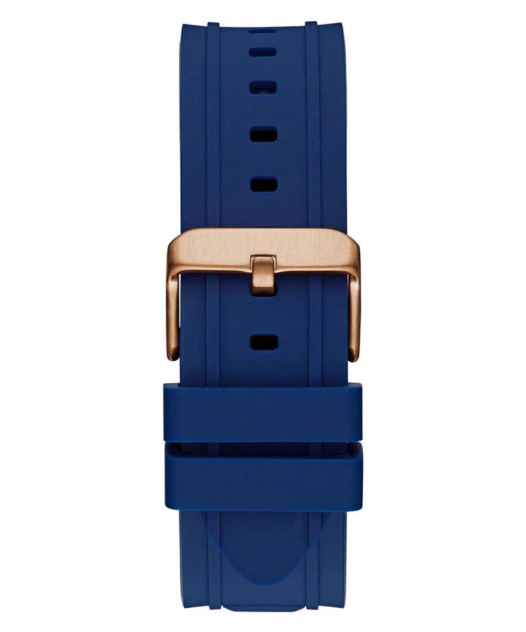 GUESS GW0799G2 blue silicone strap with rose gold buckle and deployment clasp