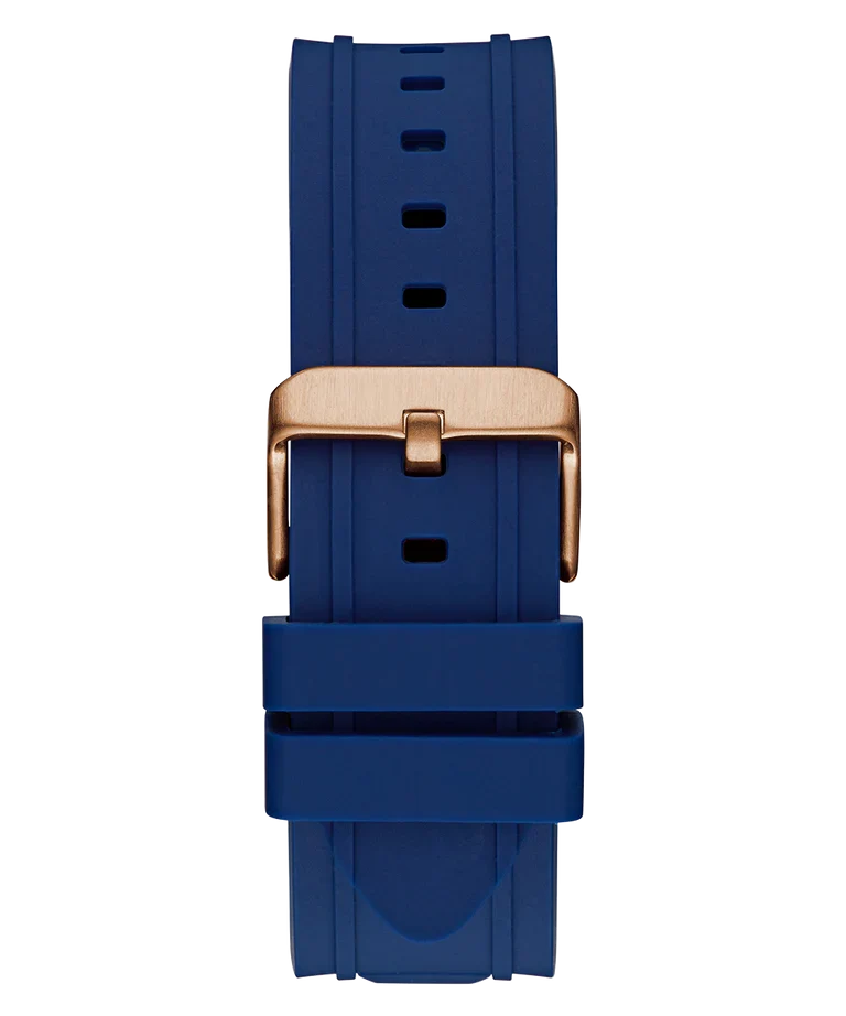 GUESS GW0799G2 blue silicone strap with rose gold buckle and deployment clasp