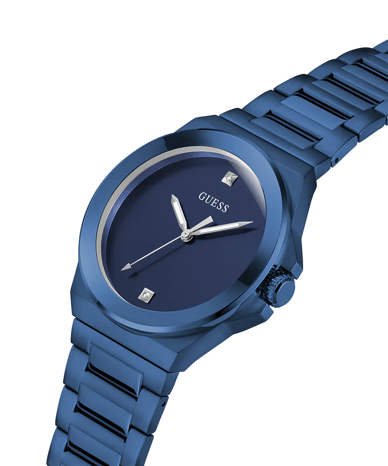 GUESS GW0833G1 blue watch side view highlighting metal bracelet and case profile