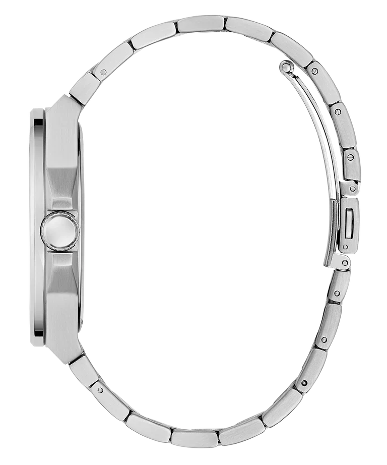 Side profile of GUESS GW0833G3 watch with two-tone stainless steel bracelet