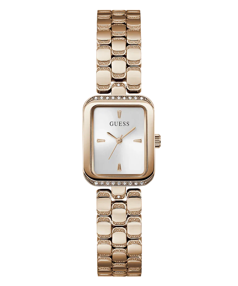 GUESS GW0865L3 rose gold tone rectangular watch with white dial and crystal bezel