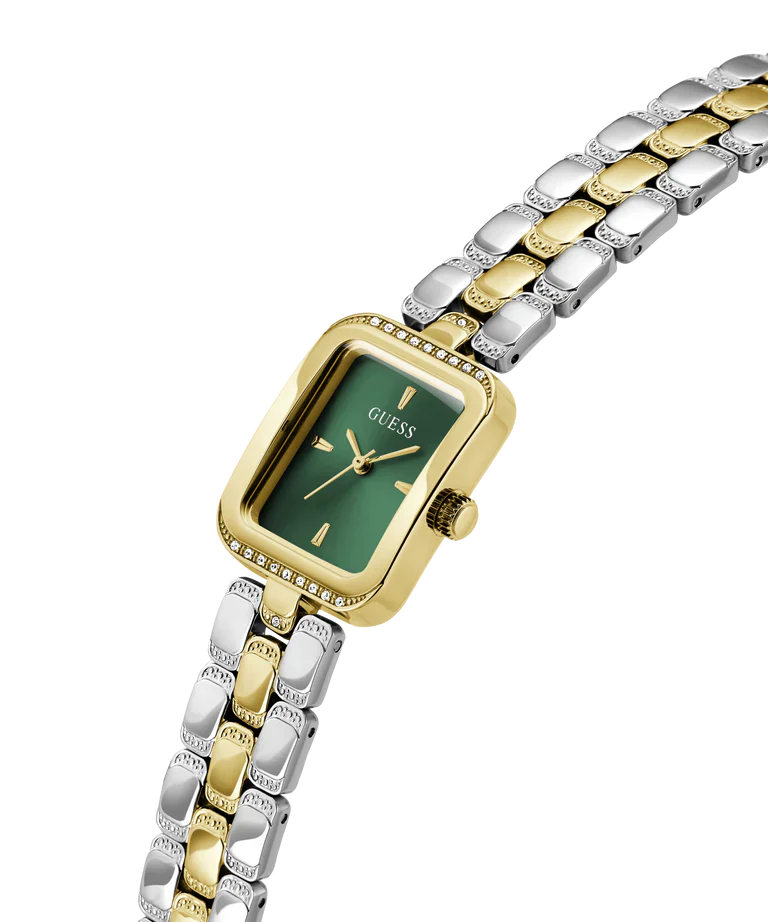 GUESS GW0865L6 watch from side view displaying 2-tone link bracelet