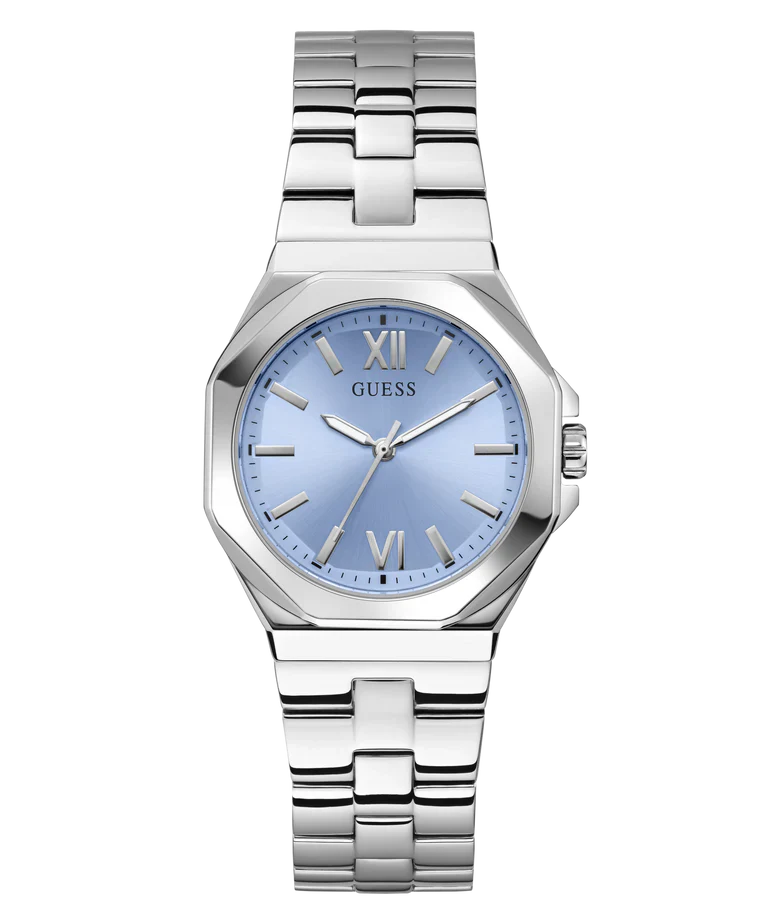 GUESS GW0873L1 silver-tone women's watch with light blue dial and Roman numerals