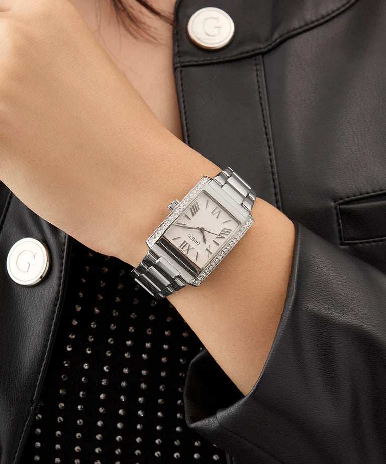 Guess Silver-Tone Crystal Square Analog Watch - GW0874L1