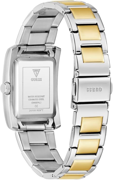 Watch caseback and band showing two-tone silver and gold stainless steel strap