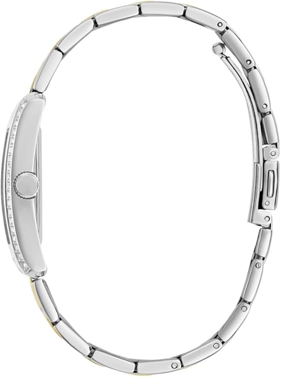 Watch case side profile showing crystal-accented bezel and stainless steel construction
