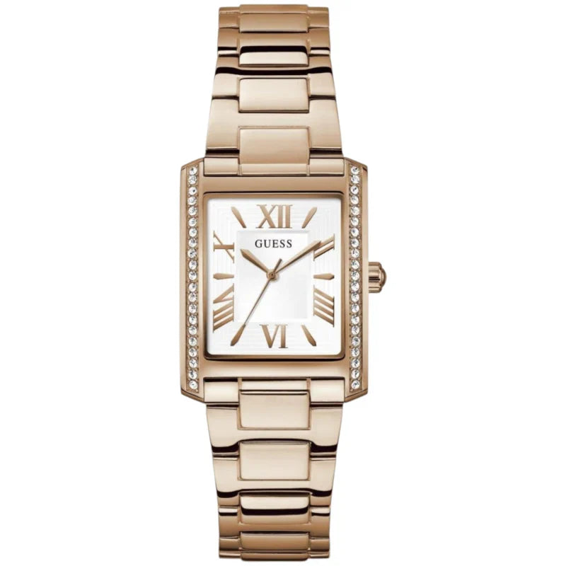 Guess GW0874L3 gold stainless-steel watch with rectangular white dial and crystal bezel