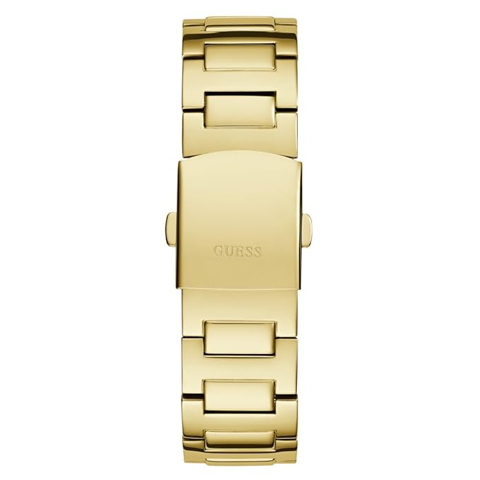 Gold-tone steel bracelet and clasp detail of Guess HEADLINE watch