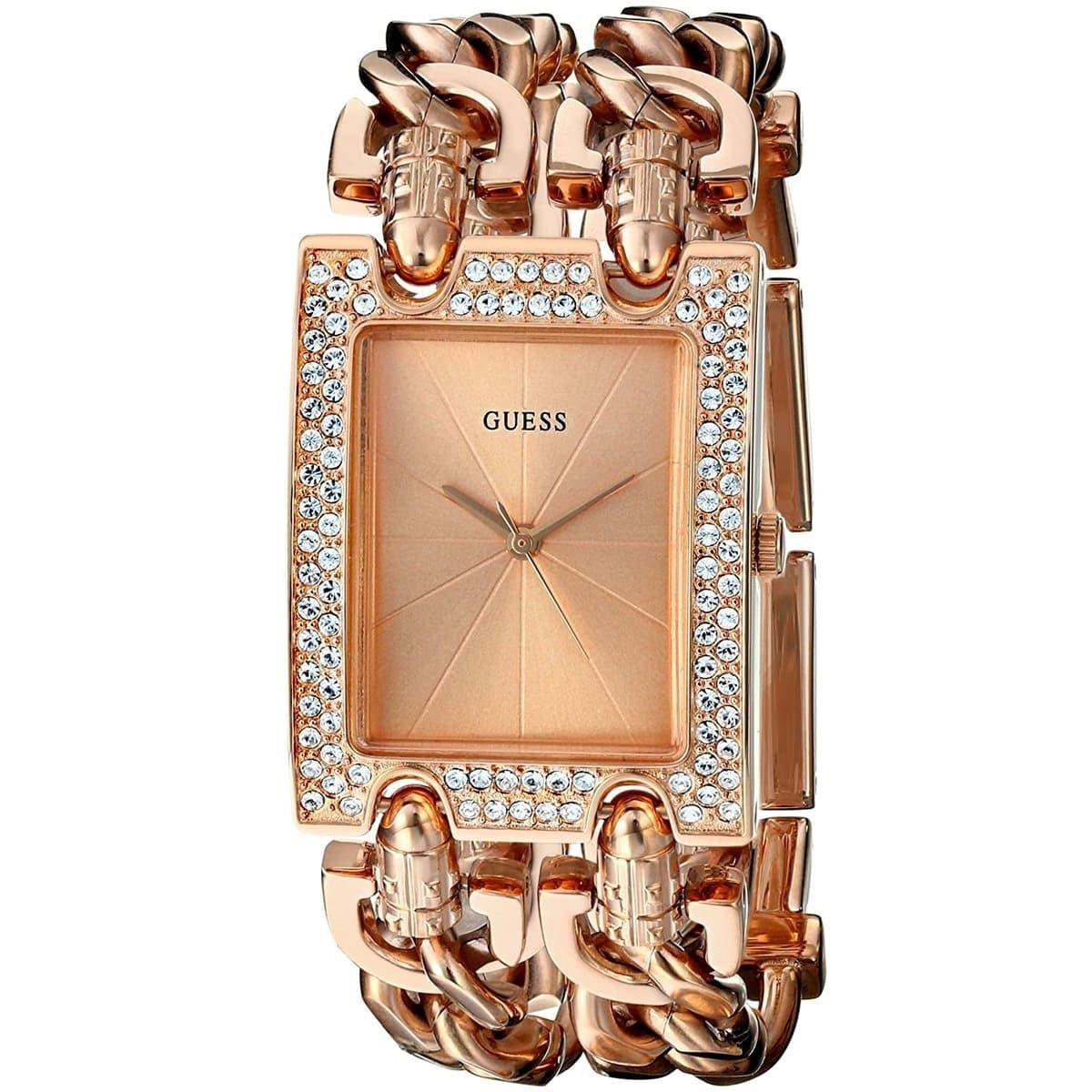 Guess Heavy Metal rose gold women's watch with crystal-set bezel and rectangular dial
