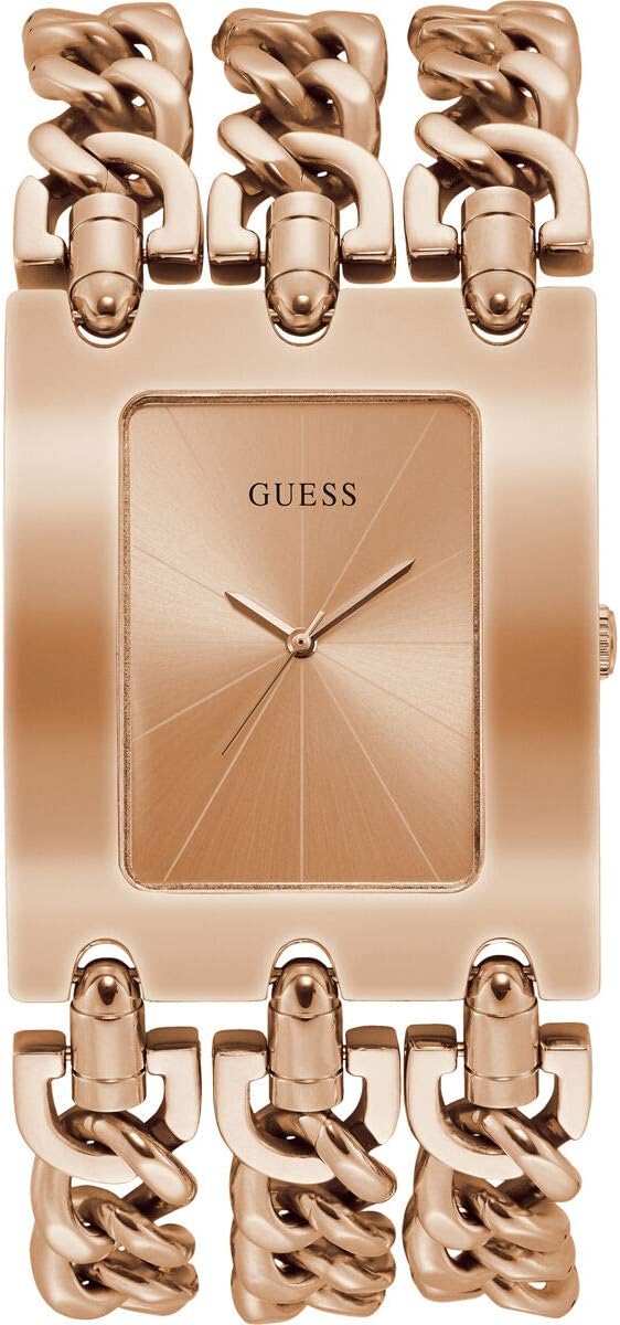 Guess Heavy Metal rose gold ladies watch with rectangular dial and chain link bracelet