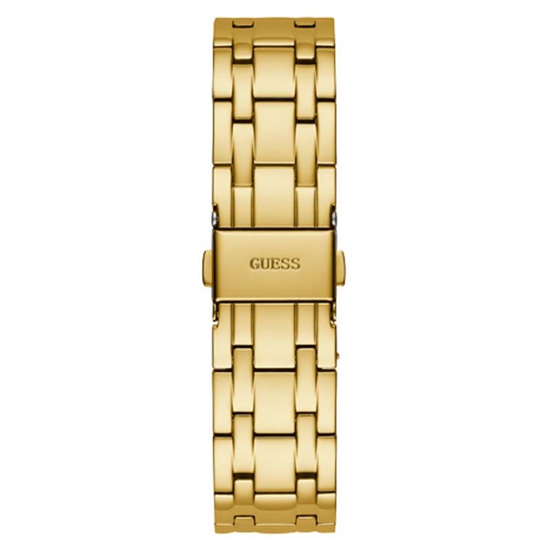 Gold metal link bracelet with GUESS branding and fold-over clasp closure