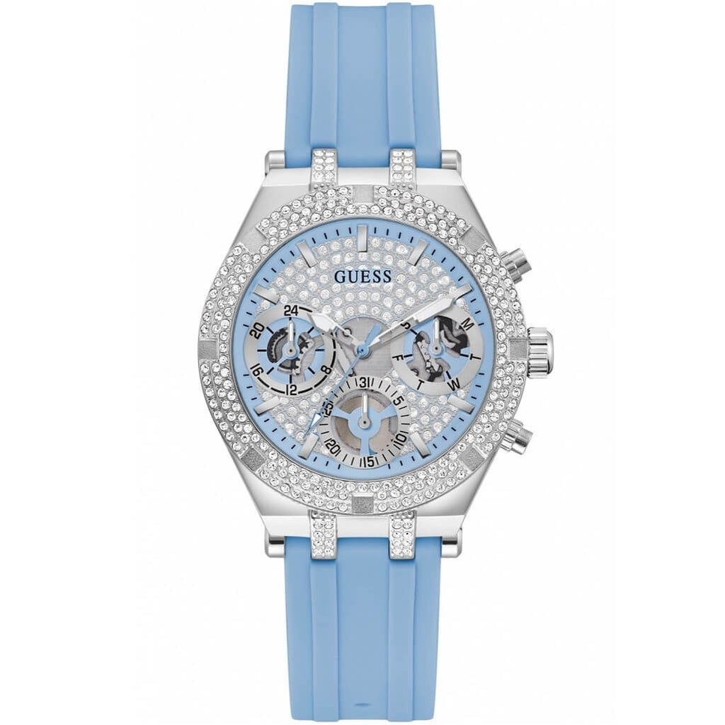 Guess Heiress women's chronograph watch with blue silicone strap and crystal-studded silver case