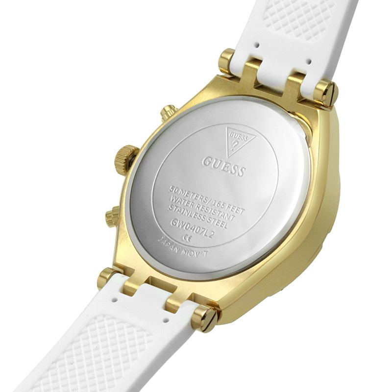 Guess Heiress watch caseback with logo and model information engraved