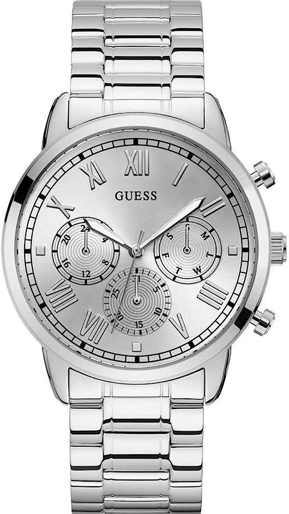 Guess Hendrix silver stainless steel men's chronograph watch with Roman numeral dial and three subdials