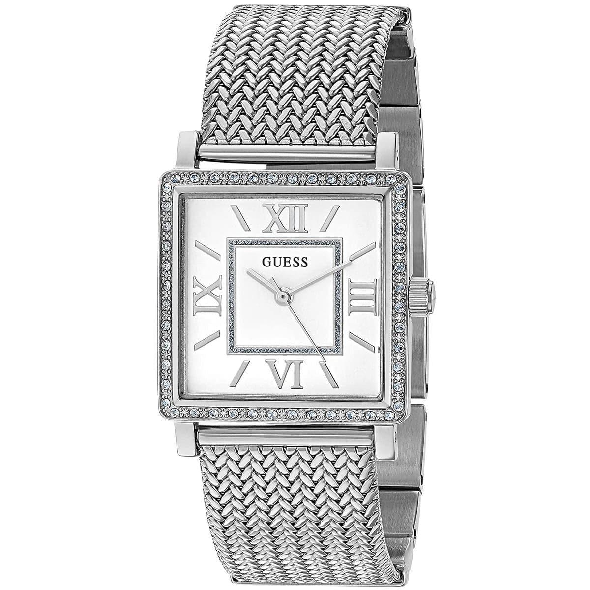 Guess Highline watch at angle showing crystal-embellished bezel and mesh bracelet