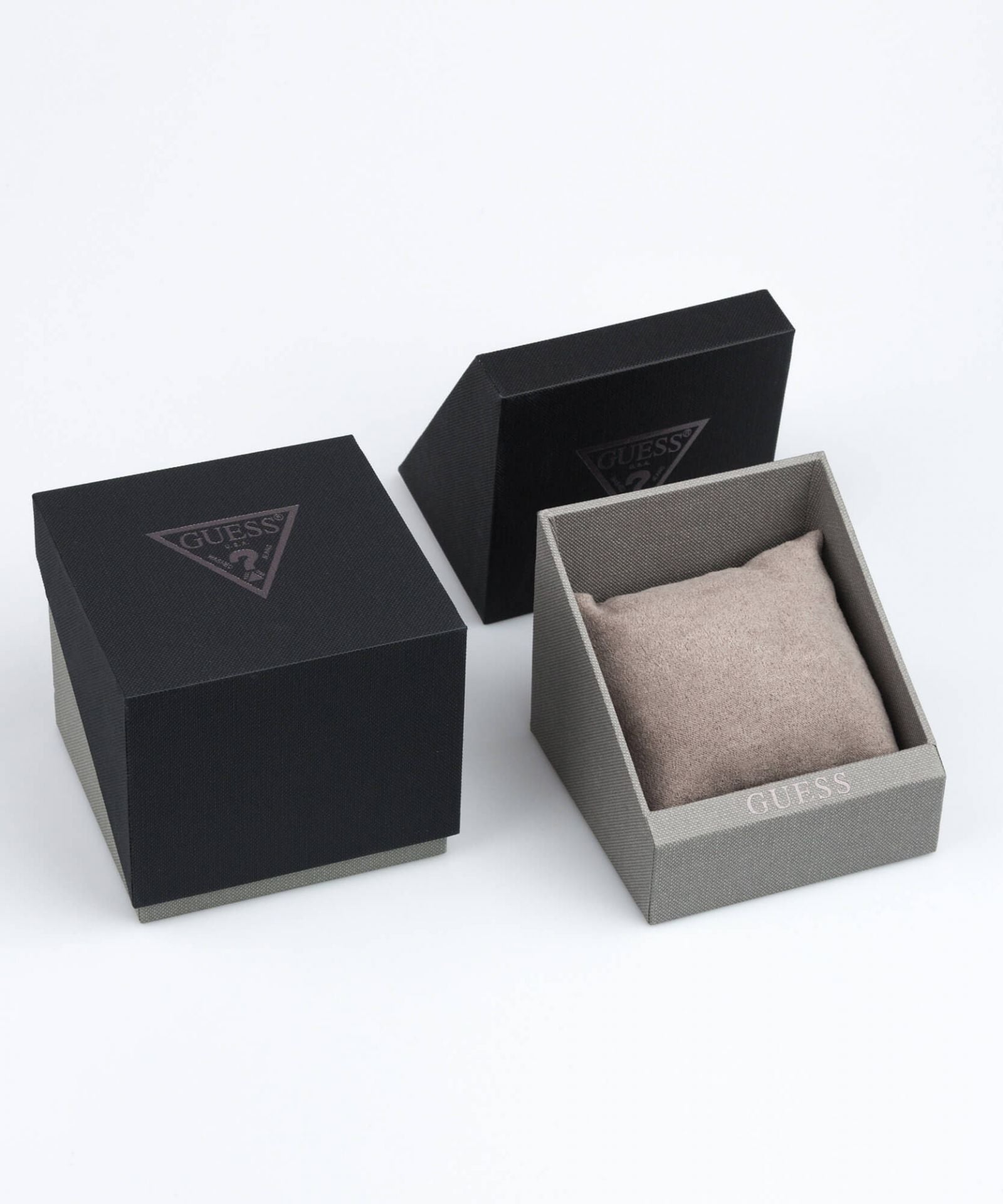 Guess Highline watch packaging showing black and gray presentation box with cushioned interior