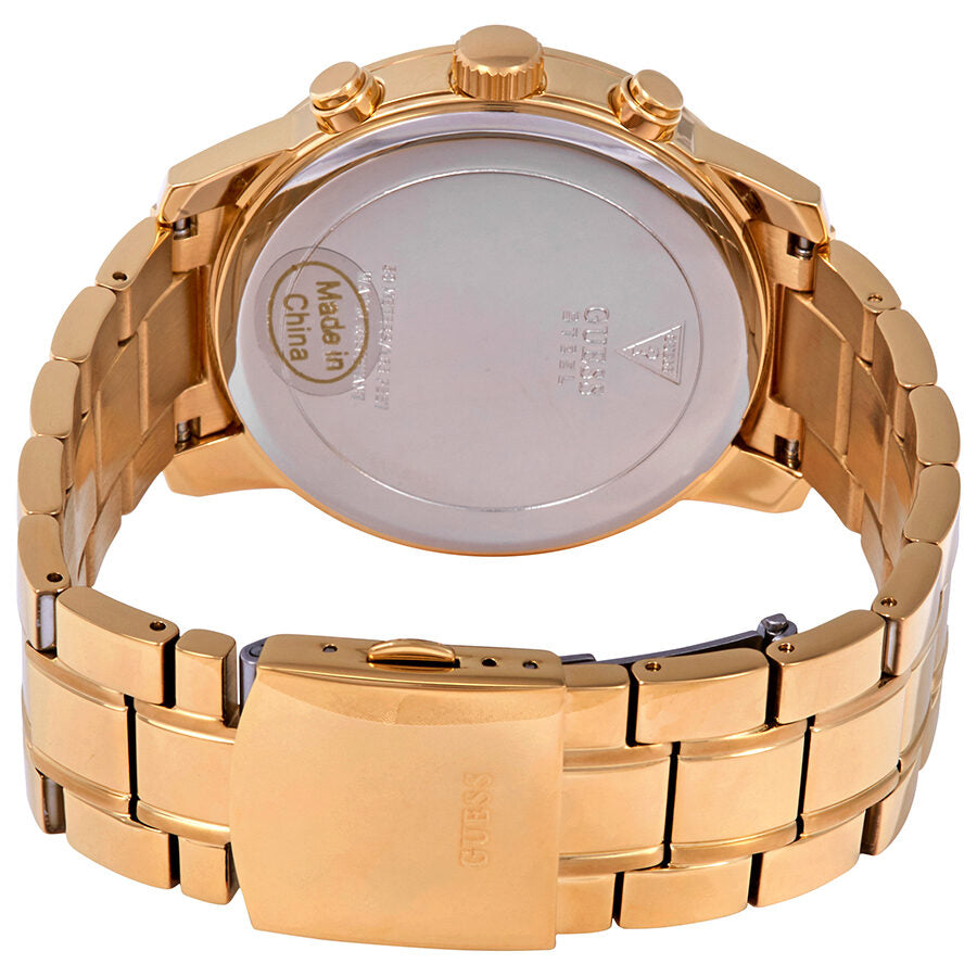 Guess Horizon watch caseback showing gold-tone metal back and integrated link bracelet with deployment clasp