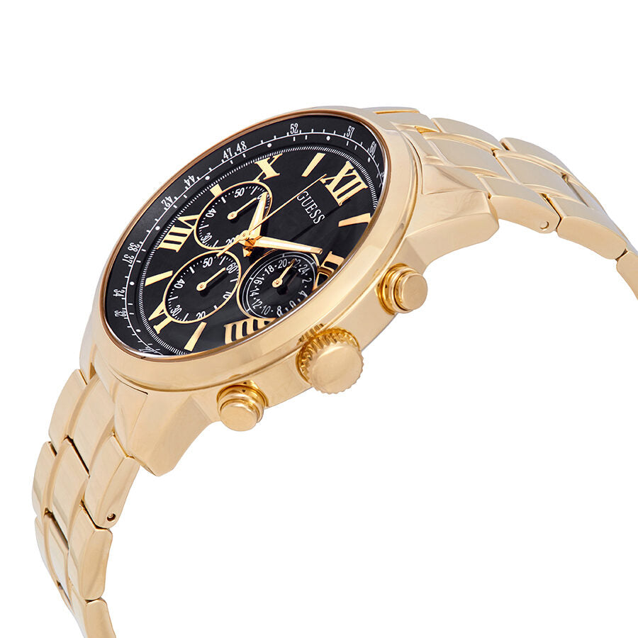 Guess Horizon chronograph watch angled view showing gold-tone case, bracelet, and black dial with subdials