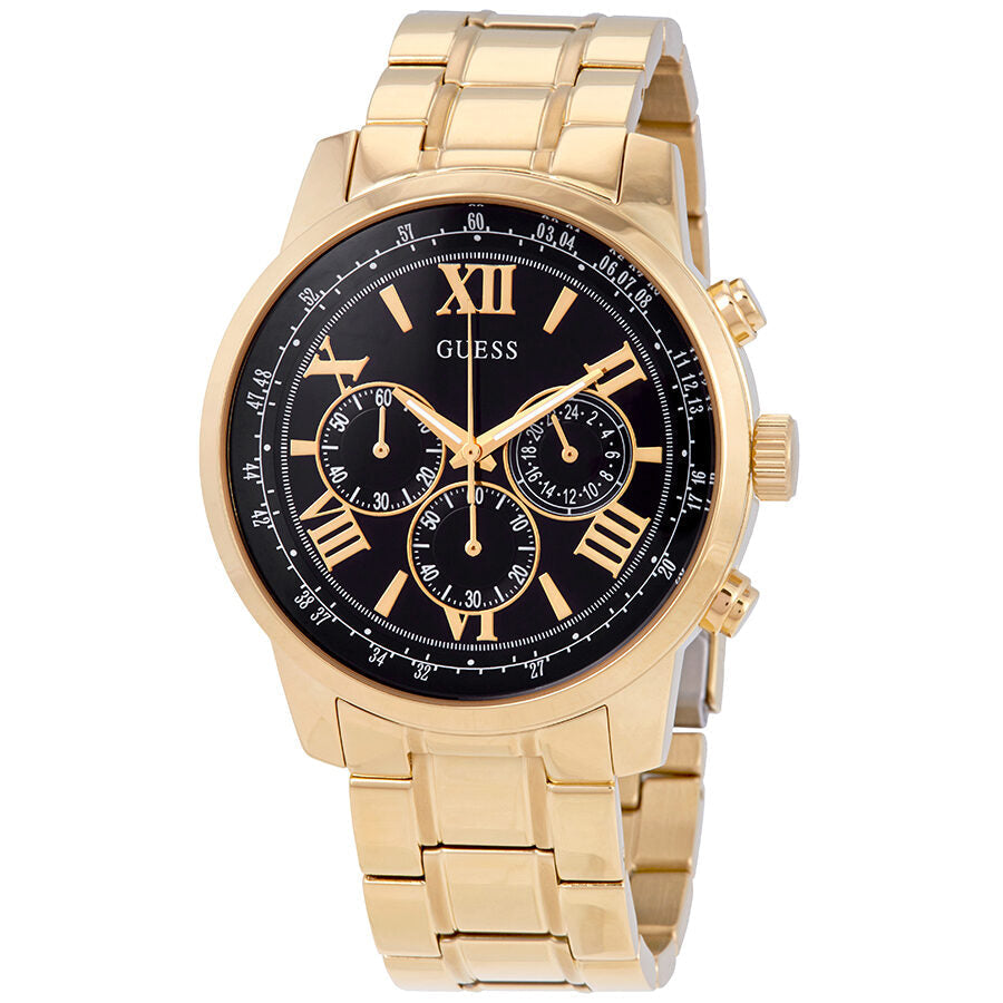 Guess Horizon chronograph watch with black dial, gold-tone case and three subdials with Roman numerals