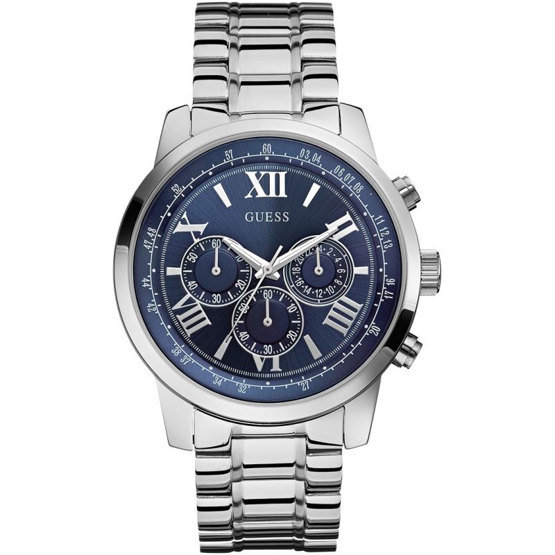Guess Horizon chronograph watch with blue dial, Roman numerals, three subdials, and steel bracelet