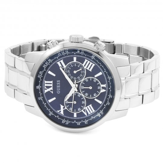Guess Horizon chronograph with blue dial and steel link bracelet shown at three-quarter angle