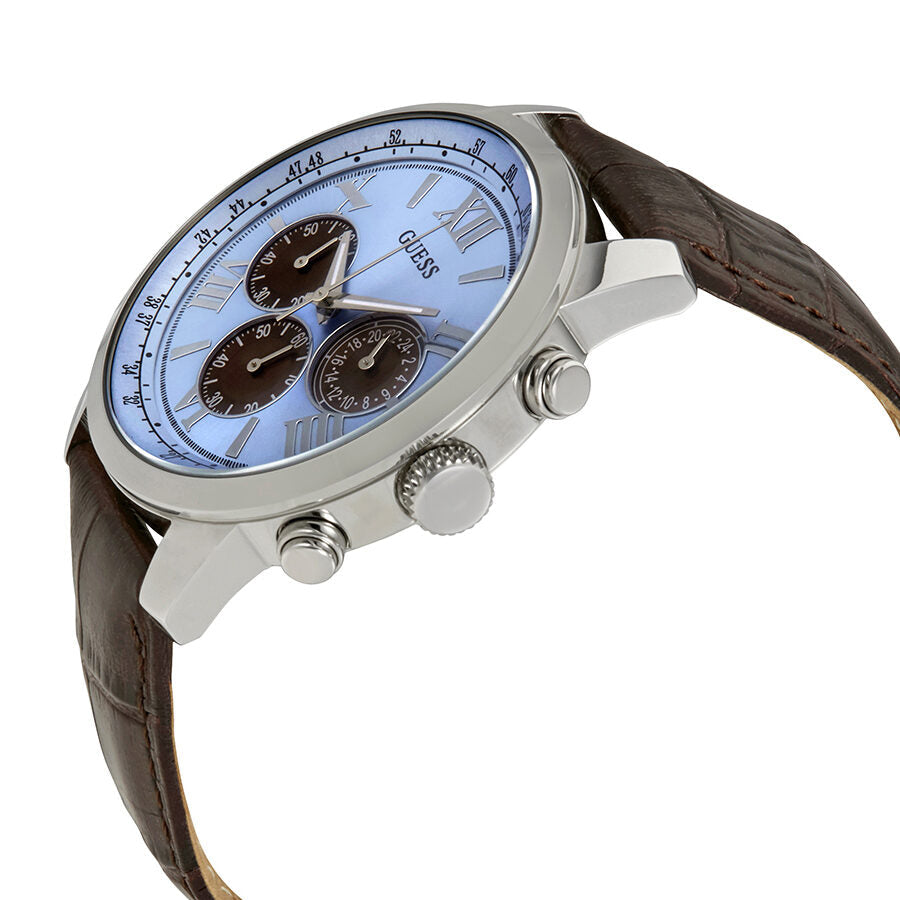 Side angle view of Guess Horizon chronograph with visible chronograph pushers and brown leather strap