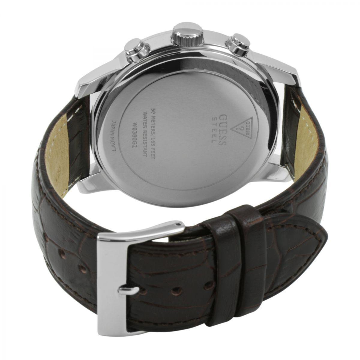 Guess Horizon watch caseback detail with chronograph pushers and engraved text