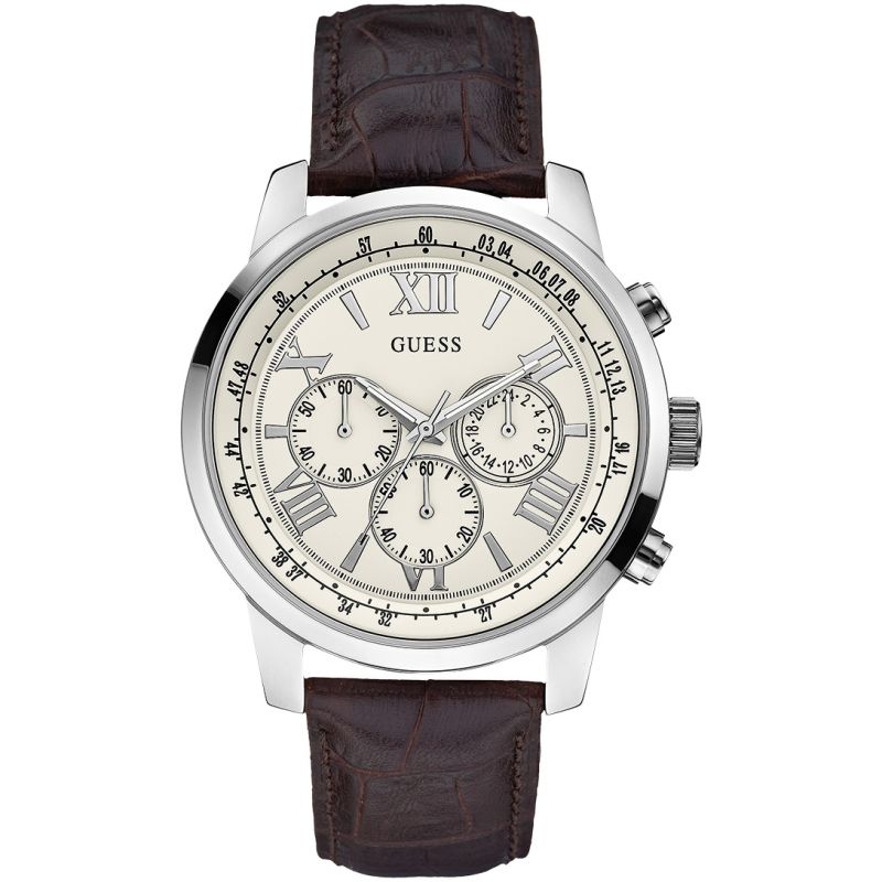 Guess Horizon chronograph watch with cream dial and dark brown leather strap