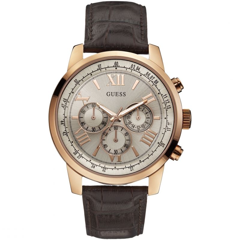 Guess Horizon W0380G4 rose gold chronograph watch with silver dial and brown leather strap