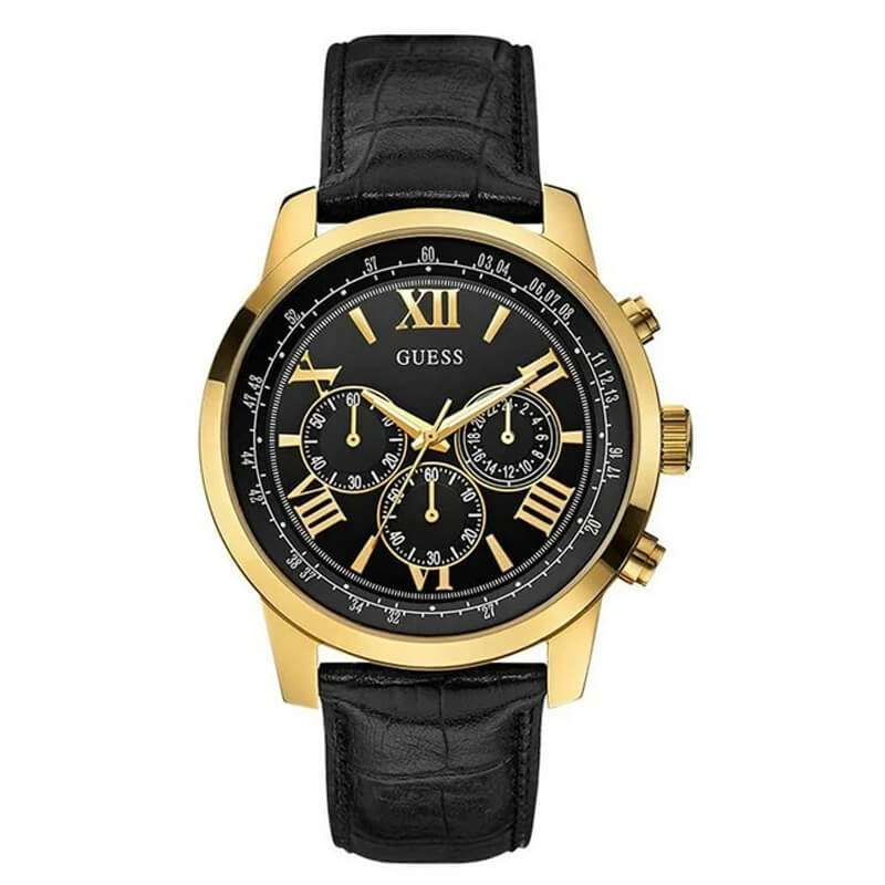 Guess HORIZON 42mm Black Leather Band Steel Case Quartz Analog Men's Watch - W0380G7
