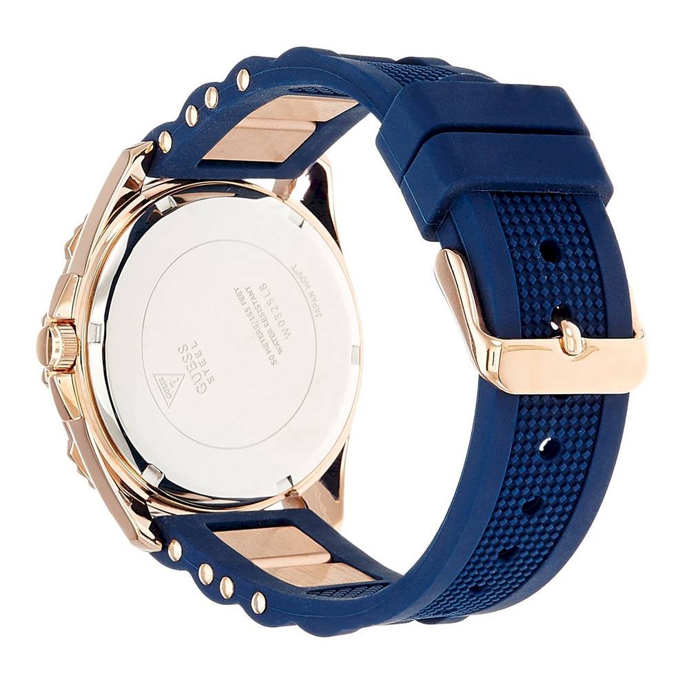 Guess Intrepid 2 caseback showing engraved details and navy silicone strap