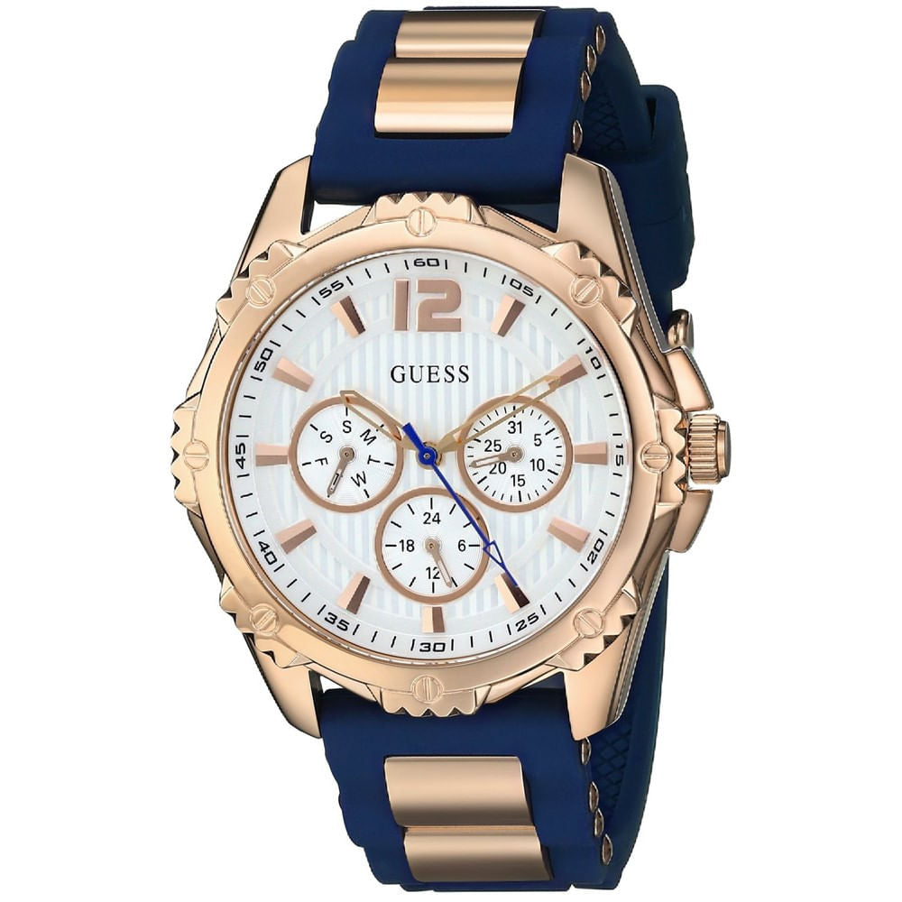 Guess Intrepid 2 ladies watch with white dial, rose gold case, and navy blue silicone strap