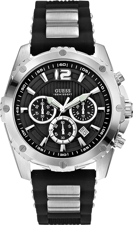 Guess Intrepid men's chronograph watch with silver case, black dial, and black rubber strap